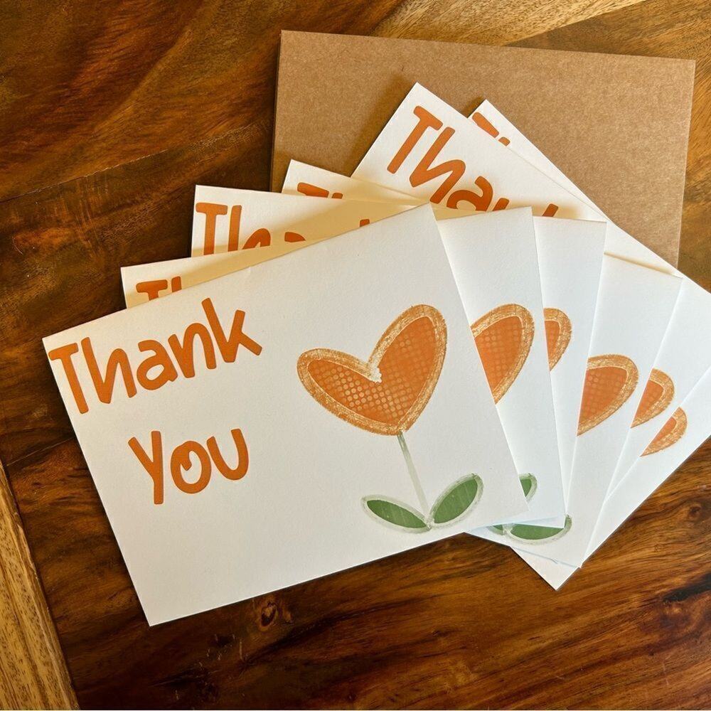 Greeting Cards Thank You Notes Thank You Cards Set of 6 Custom Orange Heart Note